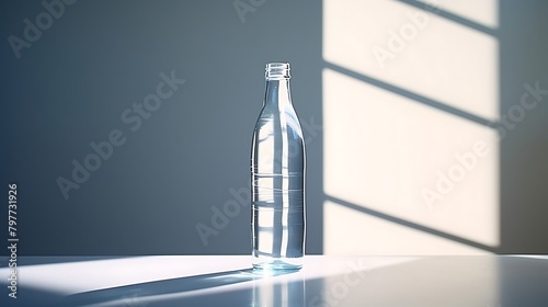 A fresh, unopened water bottle catching the light in a minimalist studio setting photo