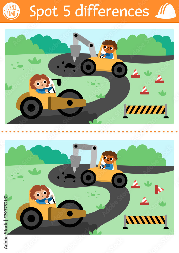 Find differences game for children. Educational activity with workers on vehicles repairing road. Cute puzzle for kids with funny builders. Printable worksheet or page with construction site scene. Find differences game for children. Educational activity with workers on vehicles repairing road. Cute puzzle for kids with funny builders. Printable worksheet or page with construction site scene.