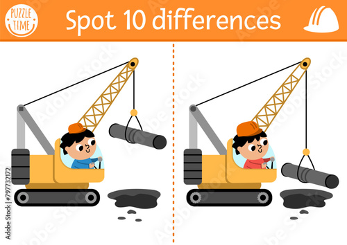 Find differences game for children. Construction site educational activity with boy driver in crawler crane lifting pipe. Cute puzzle for kids with funny worker. Printable worksheet or page.