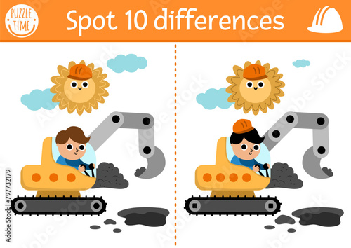 Find differences game for children. Construction site educational activity with boy driver in excavator digging pit. Cute puzzle for kids with funny worker. Printable worksheet or page.