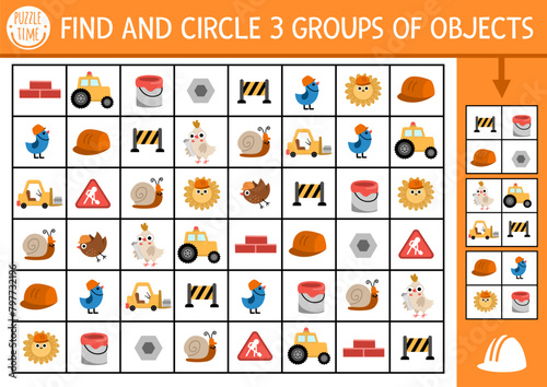 Construction site seek and find game. Attention skills training puzzle with workers, tools, signs, vehicles. Building works printable activity or searching puzzle for kids. Find groups of objects.