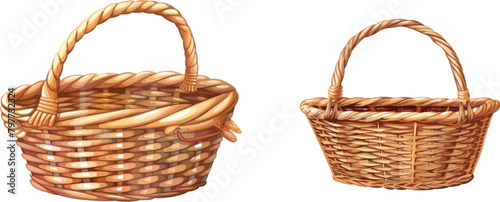 Cartoon handmade baskets. Wicker rattan picnic basket, bamboo weave empty bag for lunch or gift easte
