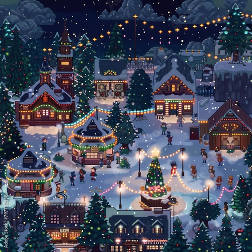 A pixelated Christmas village with ice skating, markets, and festive lights