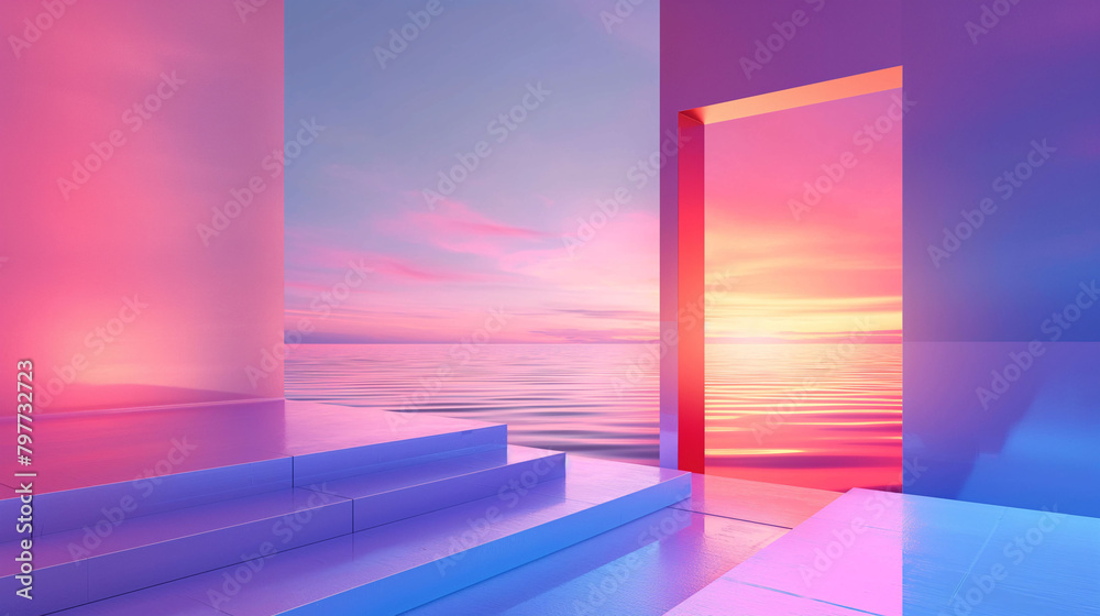 a view of the ocean with podium background. colorful landscape background