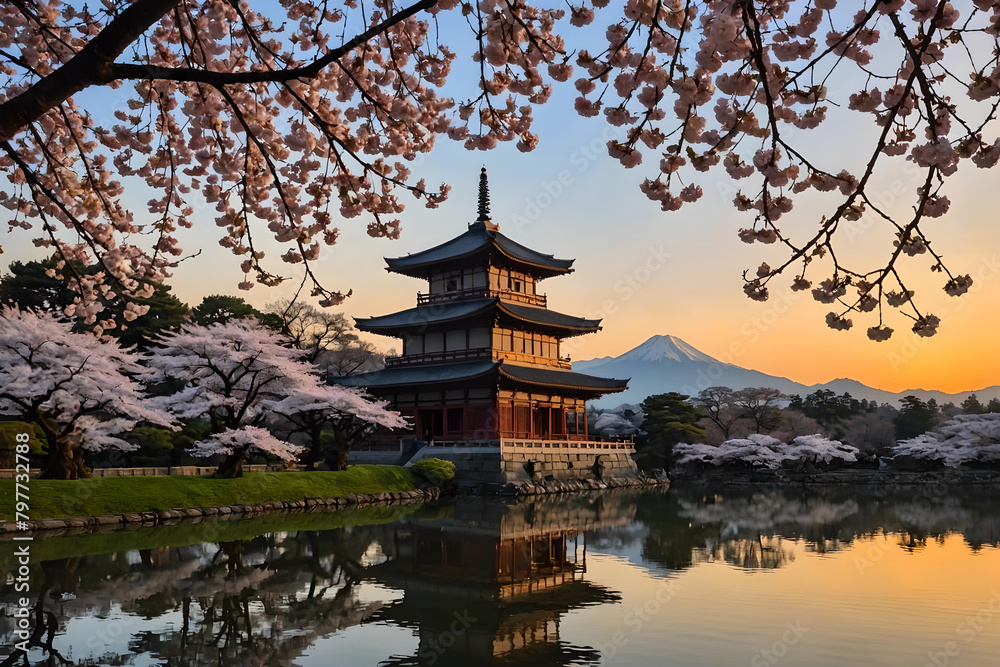 Landscape with a classic Pagoda palace by the lake at sunset. Cherry blossom above mirror-like water surface. Amazing 3D landscape. Digital illustration. CG Artwork Background Landscape with a classic Pagoda palace by the lake at sunset. Cherry blossom above mirror-like water surface. Amazing 3D landscape. Digital illustration. CG Artwork Background