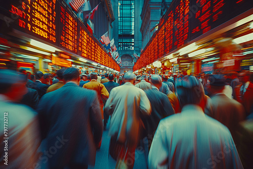 The frantic energy of a stock exchange floor is captured with people bustling and the tickers flashing by photo
