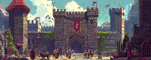 A pixelated medieval castle with knights training in the courtyard photo