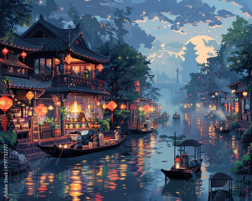 A pixelated magical floating market with vendors on boats selling enchanted items photo