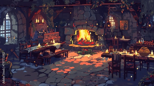A pixelated Viking feast in a great hall with a roaring fire and storytelling