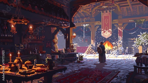 A pixelated Viking feast in a great hall with a roaring fire and storytelling photo
