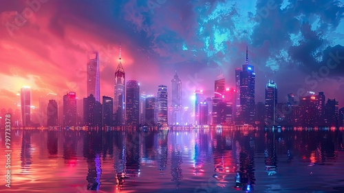 Futuristic city skyline with glowing lights