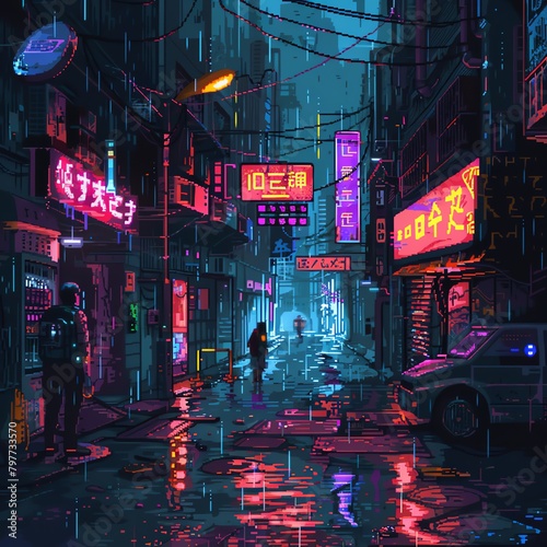 Pixel art cyberpunk alleyway with hackers, neon signs, and rain