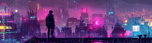 Pixel art cyberpunk rooftop chase scene with neon lights, rain, and thrill