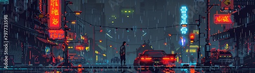 Pixel art cyberpunk rooftop chase scene with neon lights, rain, and thrill