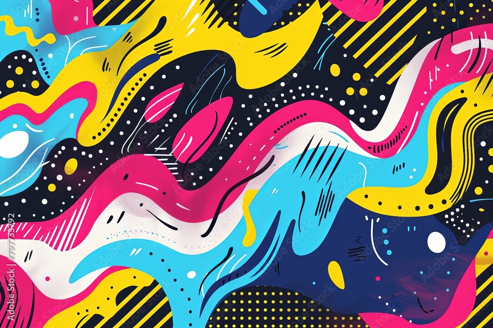 Dynamic Color Flow: Funky Psychedelic '90s Style Party Invitation with Creative Wave Pattern in Retro Colors
