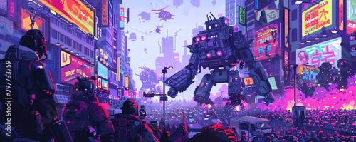 Pixel art futuristic robot competition with battling bots and cheering crowds