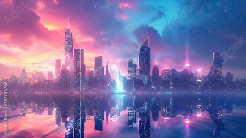 Futuristic city skyline with glowing lights