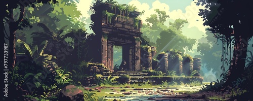 Pixel art lost civilization jungle ruins exploration with archaeologists and ancient traps