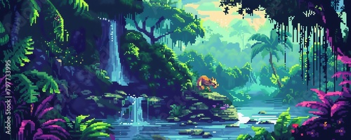 Pixel art lush rainforest with a hidden temple and exotic animals