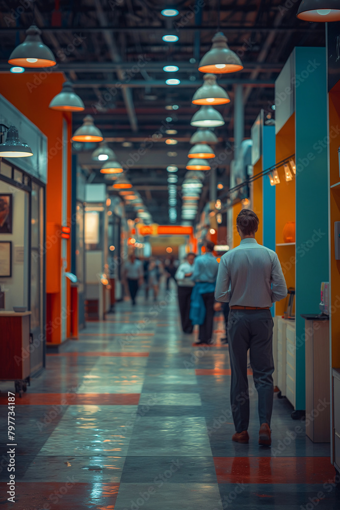 Fototapeta premium A man in a grey shirt walks away in a vibrant office hallway, showcasing a modern workspace atmosphere