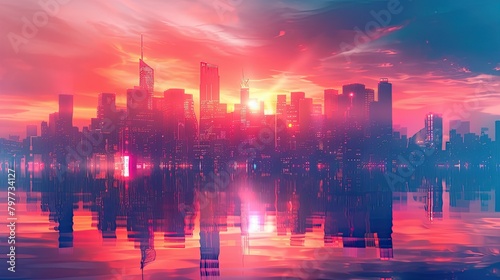 Futuristic city skyline with glowing lights