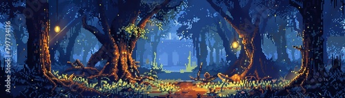 Pixel art mystical enchanted forest with hidden paths, magical creatures, and ancient trees