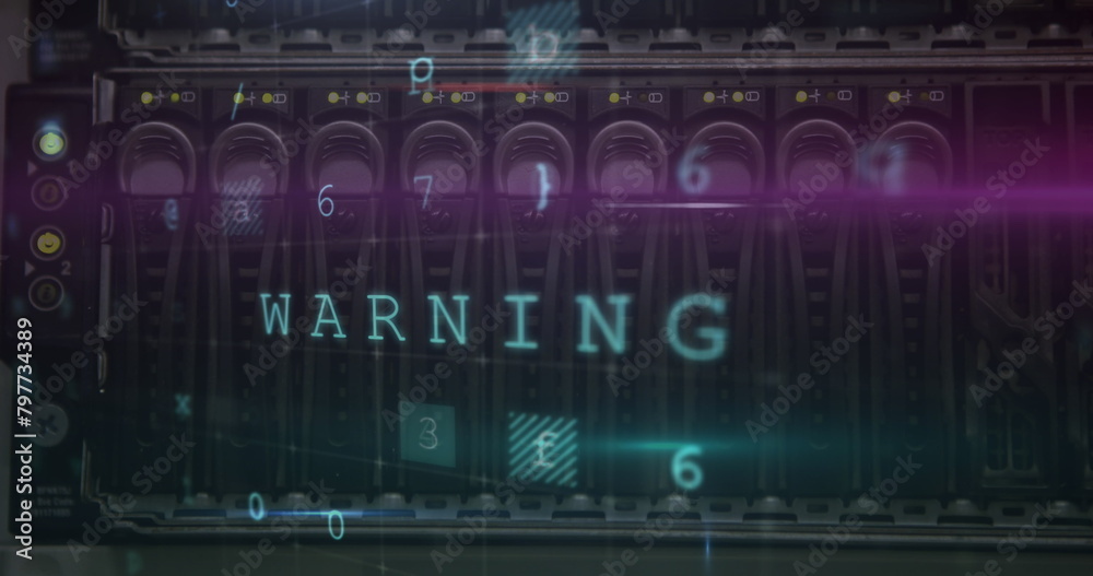Fototapeta premium Image of digital interface with cyber attack warning text over detail of computer server