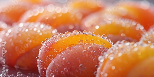 Close-up view of fresh apricots with water droplets, vibrant orange hues, and a soft-focus background suggesting freshness and juiciness. photo