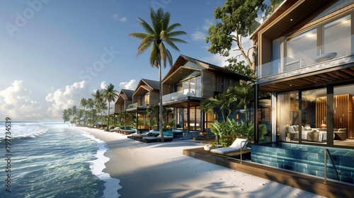 A row of highend pool villas at a tropical resort, each facing the gentle waves of a sandy beach photo