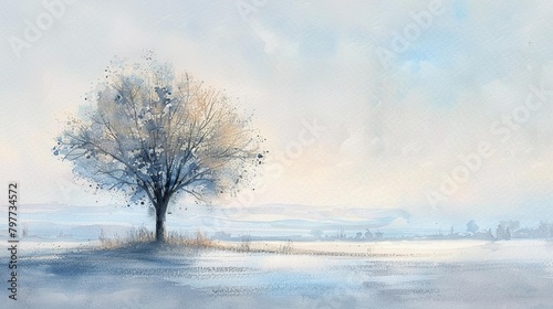 A tranquil pastel watercolor of a lone tree, its branches whispering stories in a silent landscape