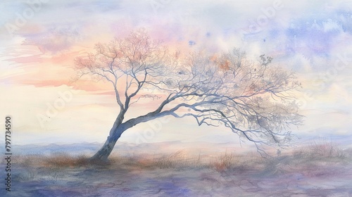 A tranquil pastel watercolor of a lone tree  its branches whispering stories in a silent landscape