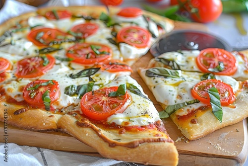 Freshly Baked Pizza Snack Idea  Wooden Slicer Unveiling Deliciously Topped Mozzarella and Tomato Slice