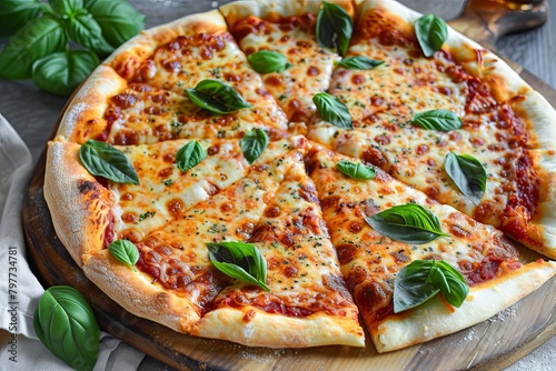 Baked Freshly Pizza: Fast and Delicious Cheesy Snack with Fresh Basil Topping on Rustic Board