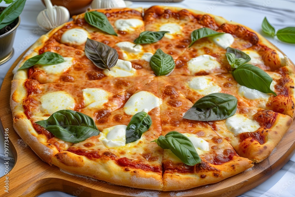 Freshly Baked Margarita Pizza with Basil: Traditional Rustic Meal Featuring Fresh Mozzarella