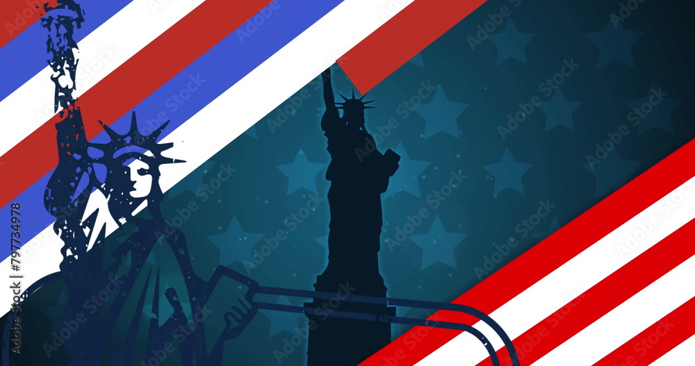 Fototapeta premium Image of flag of usa over statue of liberty on black background