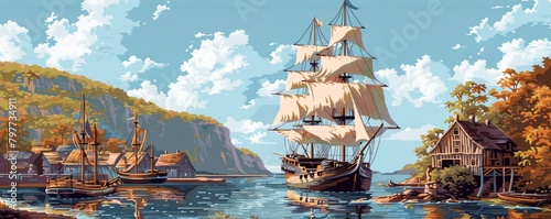 Pixelated colonial times New England harbor with sailing ships and settlers photo