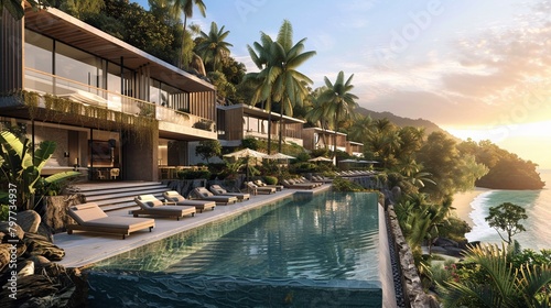 Luxury tropical resort with modern pool villas cascading towards a pristine, sunlit beach © miss[SIRI]