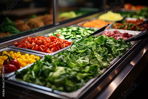 Various colorful fresh vegetables displayed in neat rows inside a salad bar at a restaurant, showcasing healthy dining options.