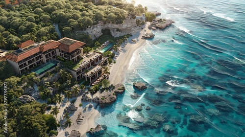 Overhead view of a sprawling luxury resort on a secluded beach, the ocean gleaming under the afternoon sun