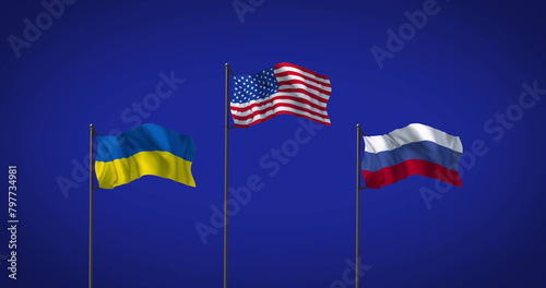 Image of flags of ukraine, usa and russia on blue background