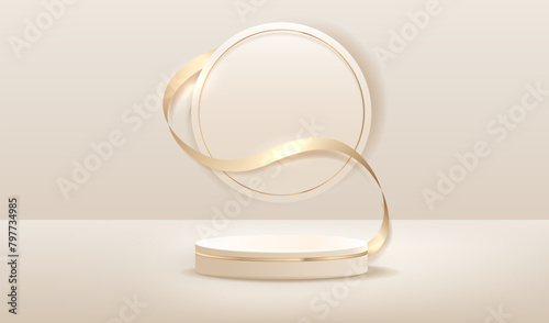 Perspective podium for display, white cream background. with gold ribbon. Empty room studio texture. Illustrator vector design.