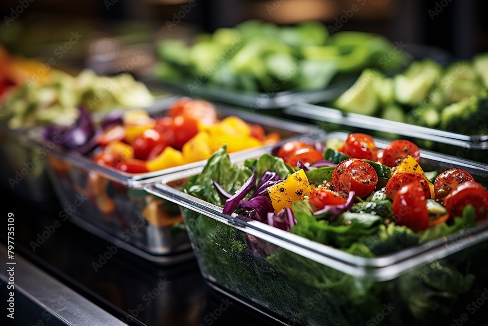 Stainless steel containers filled with an array of brightly colored vegetables are lined up on a salad bar. Stainless steel containers filled with an array of brightly colored vegetables are lined up on a salad bar.