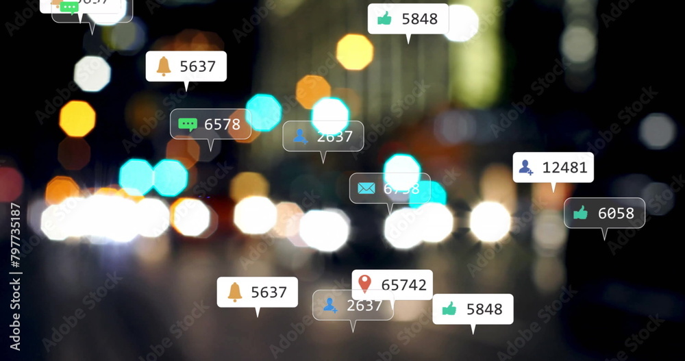 Image of social media icons and data processing over city lights Image of social media icons and data processing over city lights
