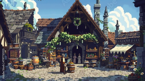 Pixelated fantasy market with magical goods and mystical vendors photo
