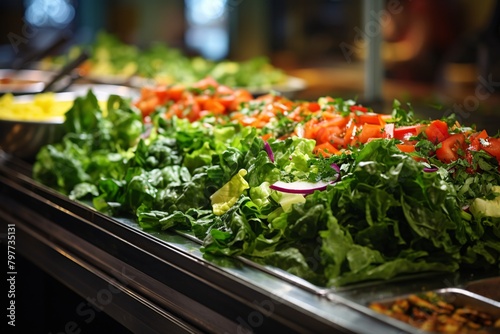 Fresh salad bar at a restaurant featuring spinach, tomatoes, peppers, and onions, with a soft focus background.