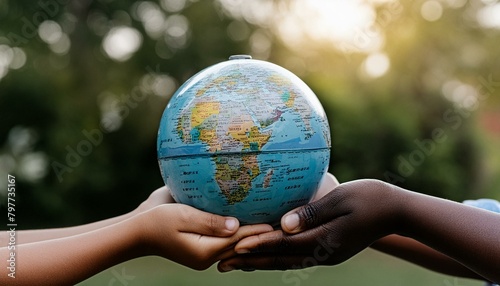 International day of peace concept with African Children holding earth globe. Group of African children holding planet earth over blurry nature background