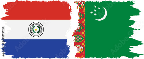Turkmenistan and Paraguay grunge flags connection vector