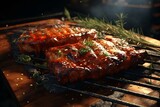 Two juicy, grilled steaks topped with herbs and spices on a hot barbecue grill, steam rising in the background.