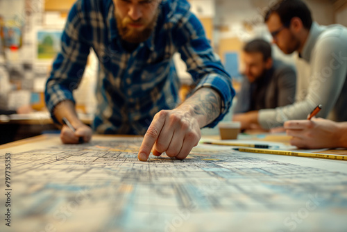 Close-up of hands over plans, representing team analysis and decision-making in design