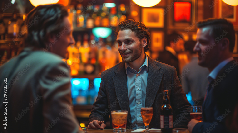 Fototapeta premium A laid-back gathering of friends at a bar, with one man in focus conversing in a lively environment